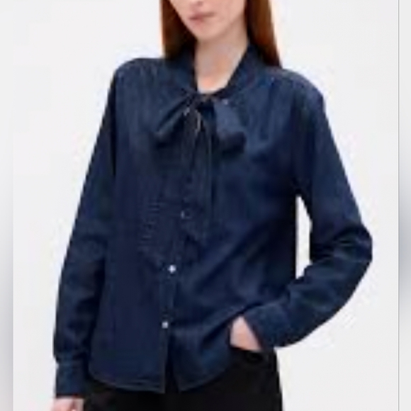 J. Crew Denim Blue Jeans Button Down Shirt with Bow XXL - Picture 1 of 12